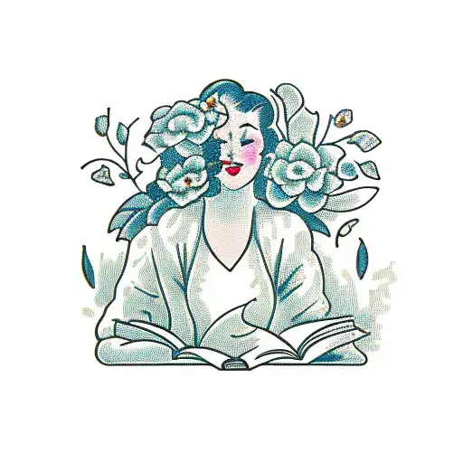 Vintage Floral Lady Profile Reading An Opened Book Surrounded By Bold Floral Frame