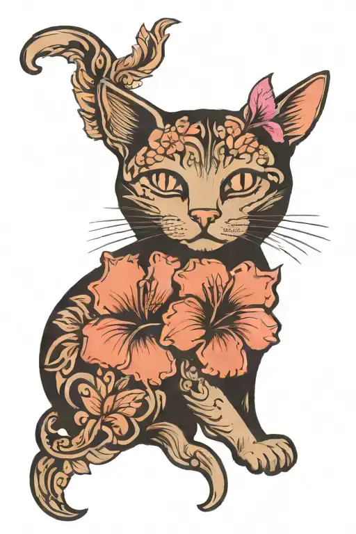 Cat Silhouette With Faded Tabby Markings With Hibiscus Inside The Cats Body