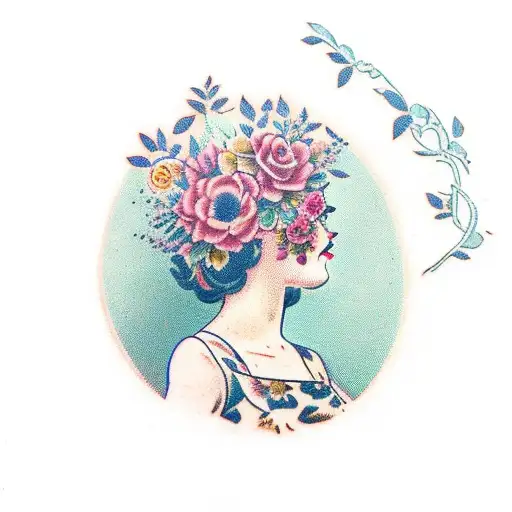 Vintage Floral Lady Profile Reading An Opened Book Surrounded By Bold Floral Frame