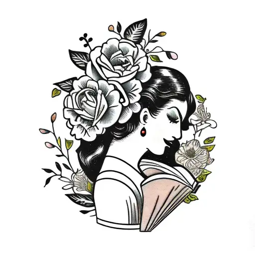 Vintage Floral Lady Profile Reading An Opened Book Surrounded By Bold Floral Frame