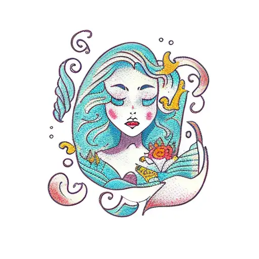 A Mermaid Reading A Book Surrounded By Seashells And Beautiful Flowers