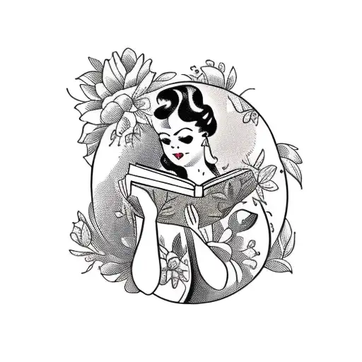 Vintage Lady Reading An Opened Book Surrounded By Bold Floral Frame