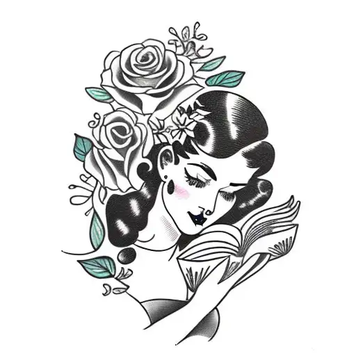 Vintage Floral Lady Profile Reading An Opened Book Surrounded By Bold Floral Frame