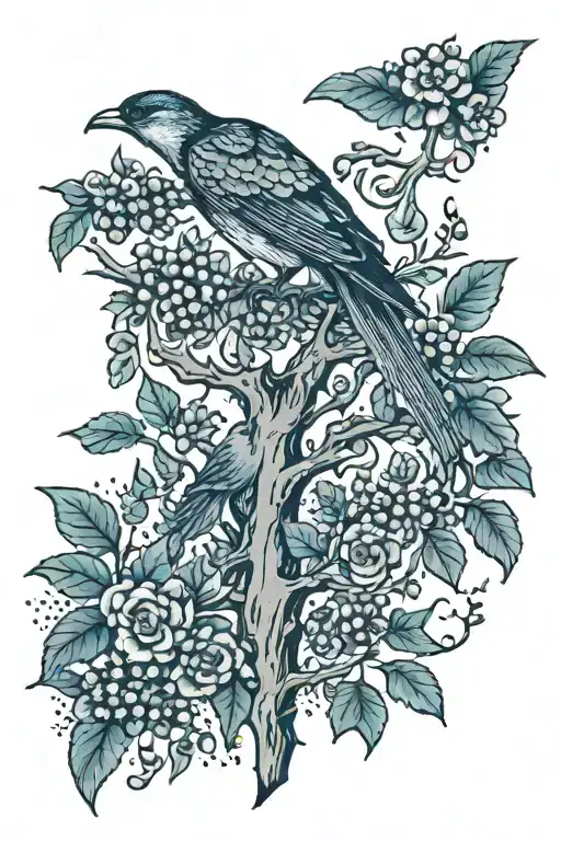 Large Backpiece With A Tree And Oldschool Birds Some Cats And Berries