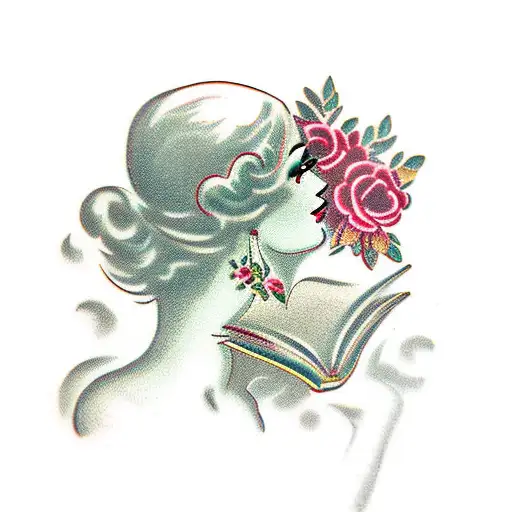 Vintage Floral Lady Profile Reading An Opened Book Surrounded By Bold Floral Frame