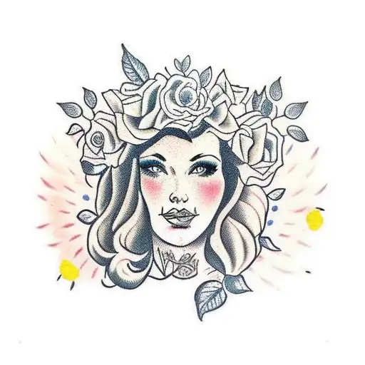 Side Traditional Lady Head Tattoo Holding Books With A Floral Crown Surrounded By Bold Flowers