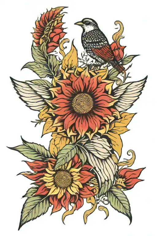Red Sunflower With Bird Wing Attached