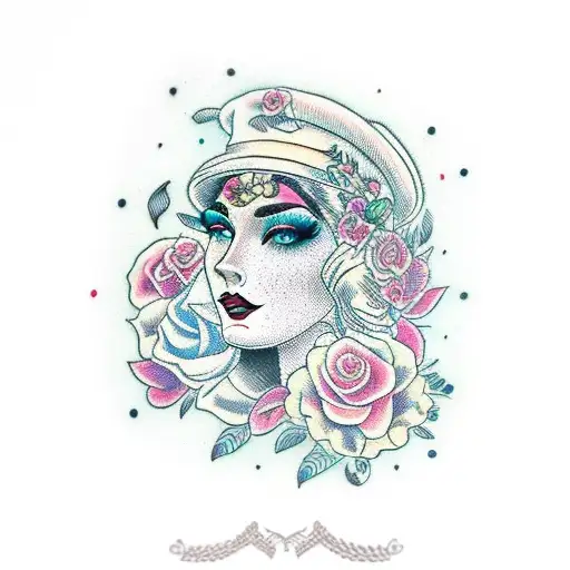 Traditional Lady Head With Bold Florals And Open Book