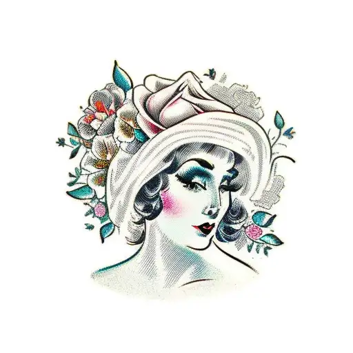 Vintage Floral Lady Profile Reading An Opened Book Surrounded By Bold Floral Frame