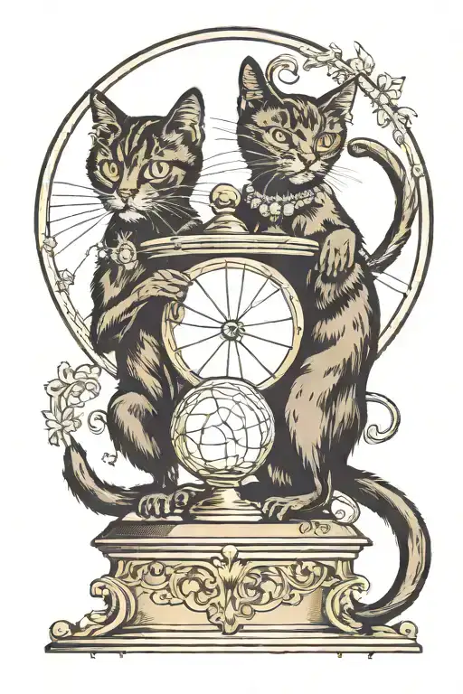 2 Headed Black Traditional Cat With 2 Tails Standing Tall On A Crystal Ball And Swatting At The Air