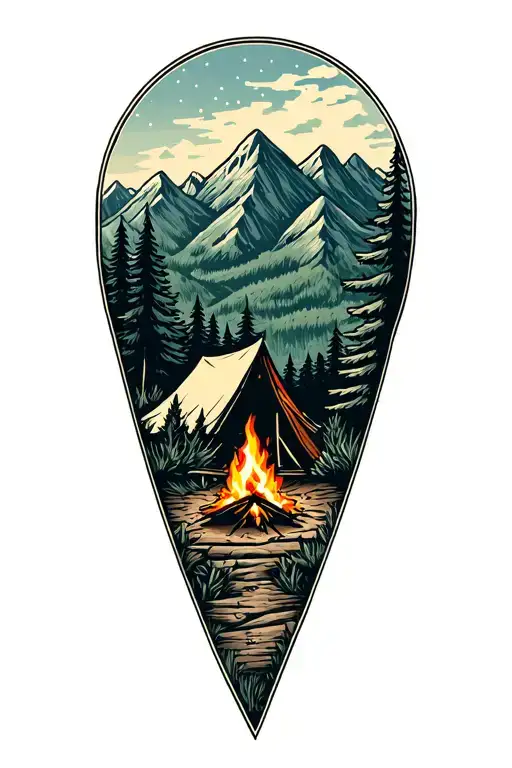 Mountains And Trees With Tent And Campfire Outdoor Scene