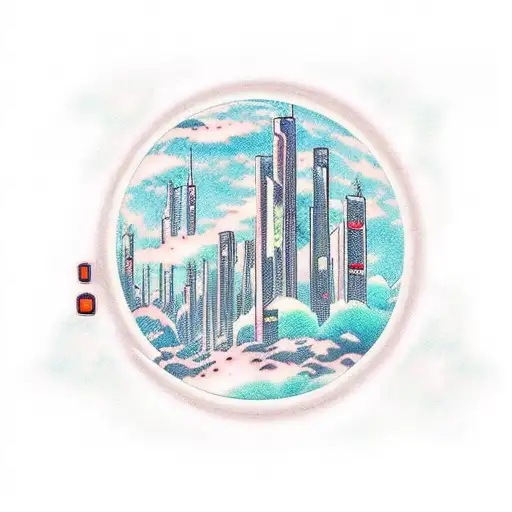 Incorporate Elements Of Anime And Gaming Into A Tattoo Depicting A Futuristic Cityscape