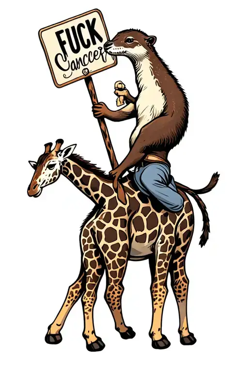 Otter Riding On A Giraffes Back Holding A Fuck Cancer Sign