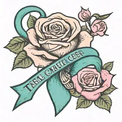 Teal Cancer Ribbon With Words And Pink And White Rose