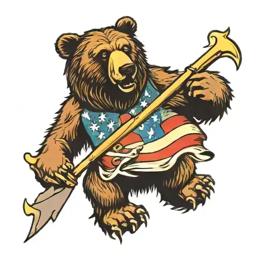 Bear With Claws Scraping A Tare That Has The Amercan Flag