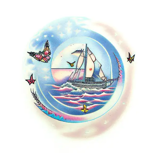 Cresent Moon With The Nothern Stars And Two Butterflies