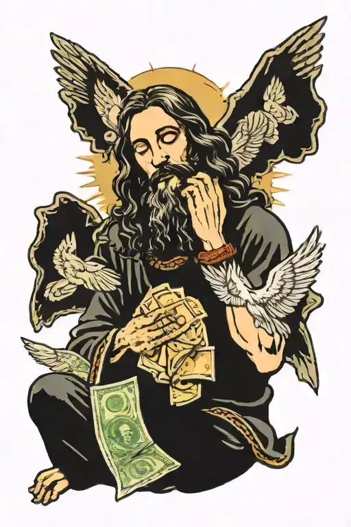God Or Jesus Praying Surrounded Money And Music