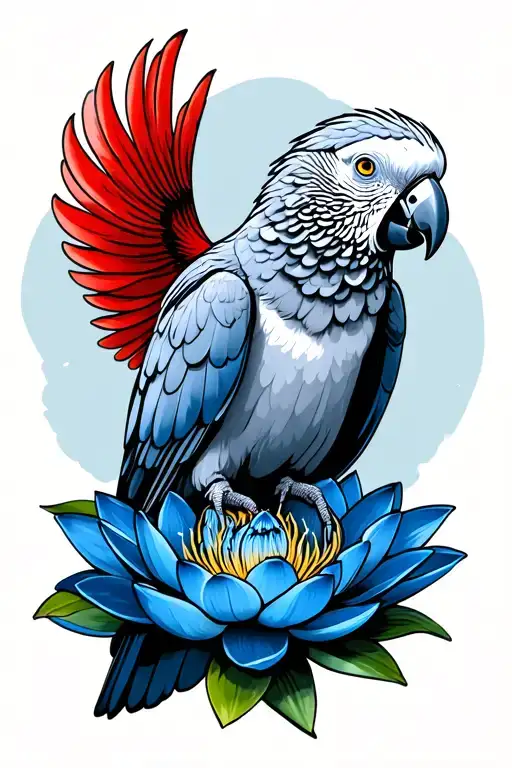 African Grey Parrot With Red Tail On Blue Lotus Flower