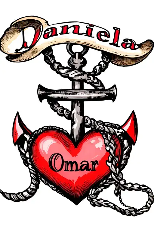 Anchor With The Name Daniela On Top Of A Heart With The Name Omar