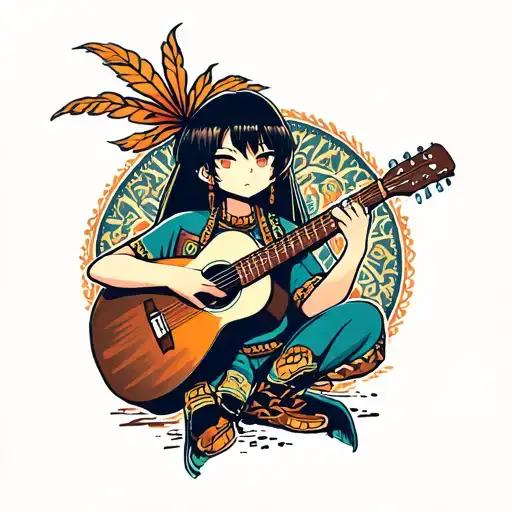 An Anime Character Playing A Guitar With Subtle Samoan Patterns In The Background