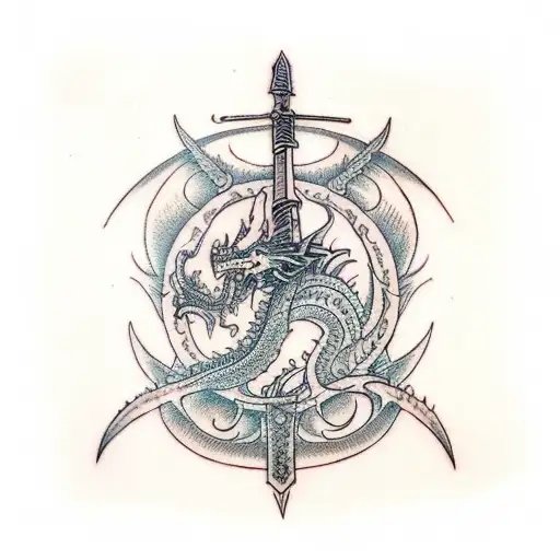 Spine Tatto Of A Sword With Dragon Wrapped Around With Lakshmi And The Bottom