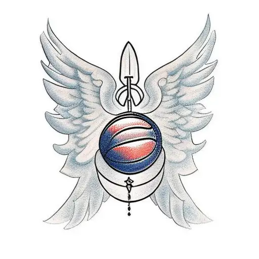 A Traditional-style Tattoo Of A Basketball With Angel Wings And A Halo
