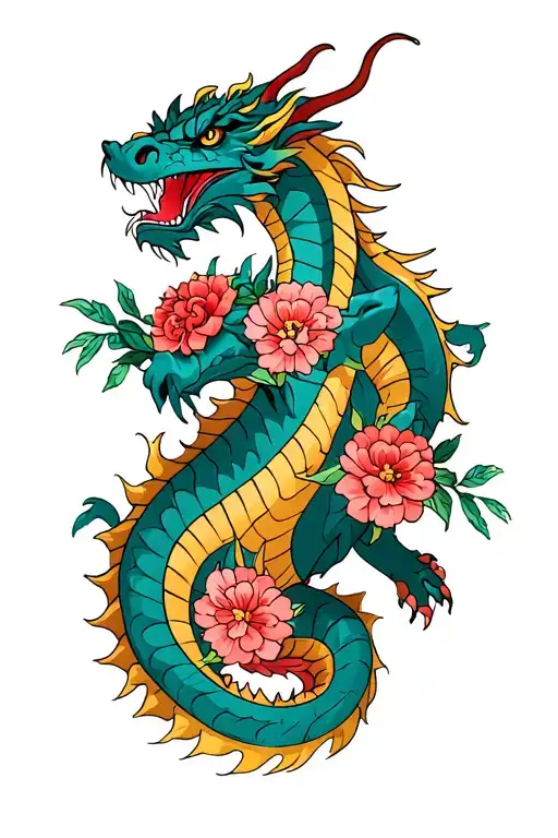 Full Body Dragon With Carnations Flowers