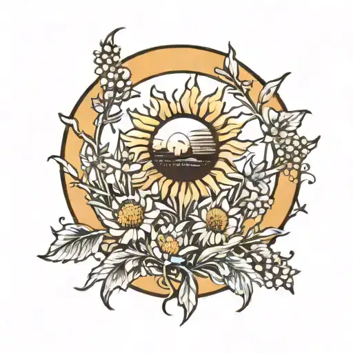 A Traditional Style Tattoo Of A Sun Setting Over A Field Of Wildflowers
