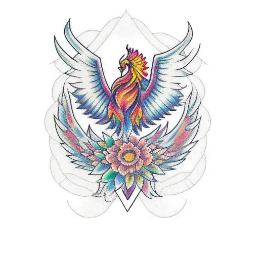 A Geometric Phoenix Surrounded By Flowers