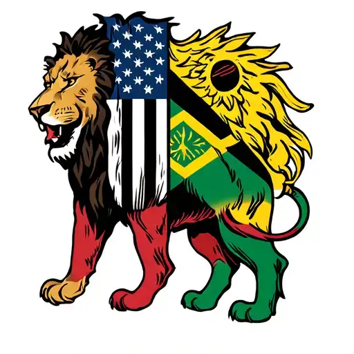 Jamaican And American Flag Intertwined Within A Lion