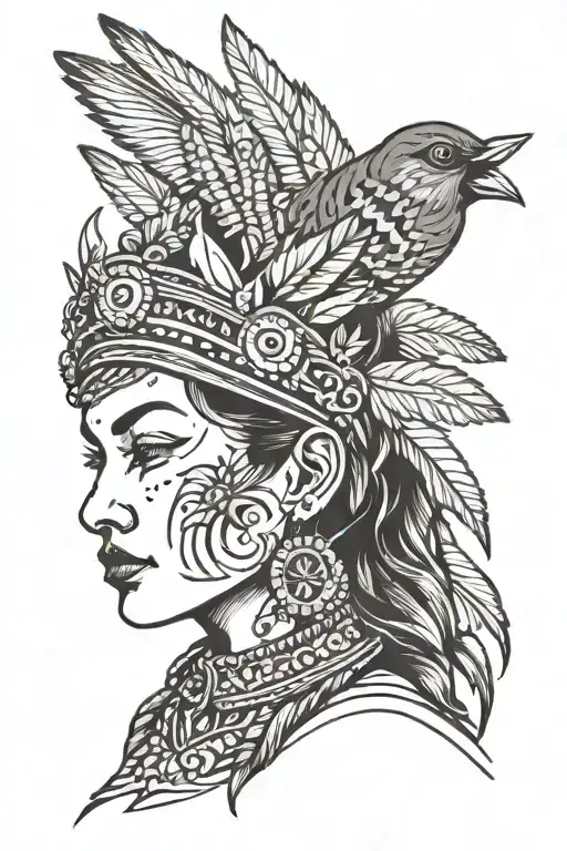 Woman Face With Torogoz Bird Headdress Being Worn