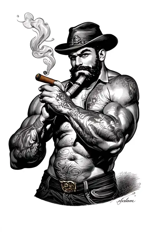 Burly Muscled Guy Smoking A Large Guage Cigar