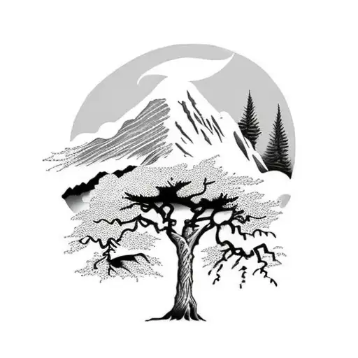 A Natural Landscape In Black And Gray With A Majestic Tree Silhouette And Mountains