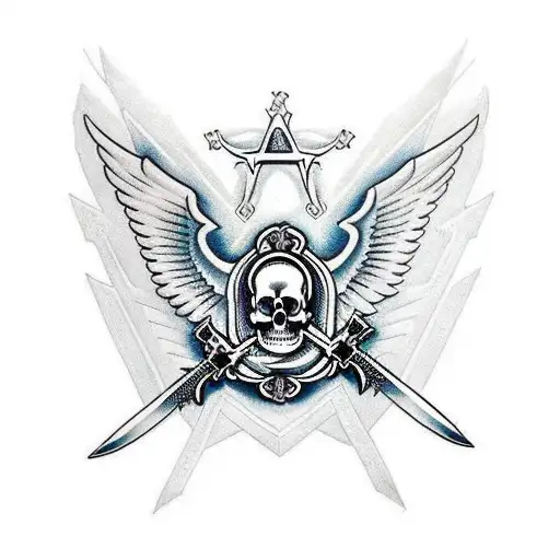 A Skull And Cross Swords Above Big Eagle Wings