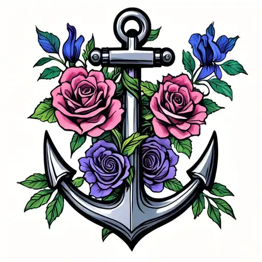 Anchor Intertwined With Roses And Irises