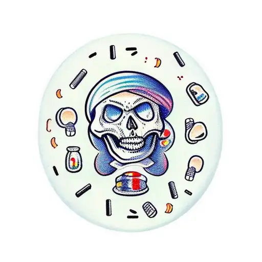 Cartoon Skeleton Downing A Bottle Of Pills But The Pills Are Music Notes