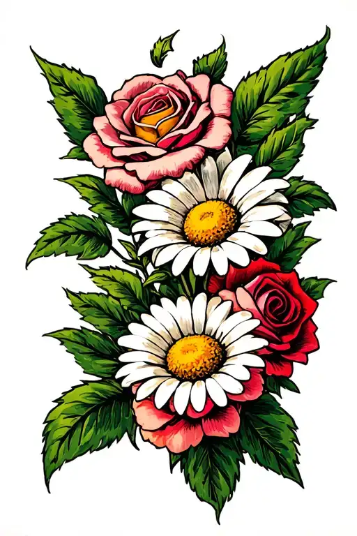 Daisy And Roses Blooming