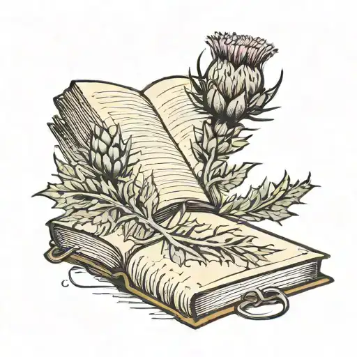 A Scottish Thistle Blooming In The Rain With A Book Resting Beside It