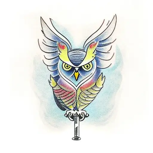 A Traditional Tattoo Of An Owl Perched On A Branch With Thai Boxing Symbols