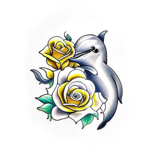 A Traditional Tattoo Design Featuring A Dolphin And Yellow Roses Intertwined In A Heart Shape