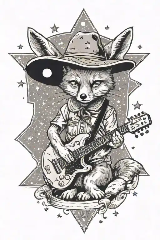 A Dotwork Tattoo Of A Desert Fox Playing A Guitar Under A Starry Night Sky