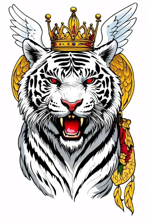Angry White Tiger With Red Eyes With Angel Wings And A Crown