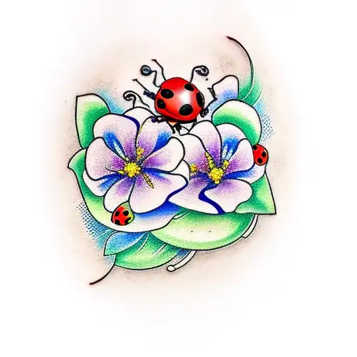 A Traditional Style Tattoo Of A Guitar Intertwined With Blooming Flowers And Ladybugs
