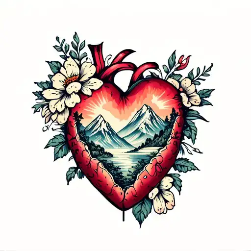 Organ Heart With Subtle Floral And Mountain Range Reflected