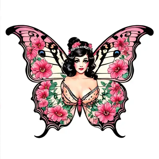 Butterfly Shaped Tiger In Pink Flowers With Pinup Girl
