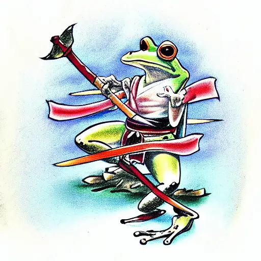 Cool Frog Dressed As Samurai With Swords Behind His Back Standing In A Cool Figh