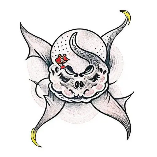 A Traditional Style Tattoo Featuring A Crescent Moon Surrounded By Bats And The Number 666