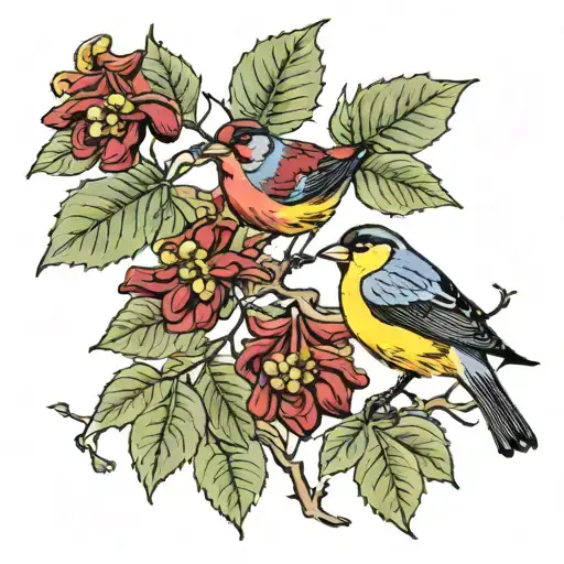 Fig Branch Leaves And Fruit Dark Muted Reds And Greens With A Dark Gold Finch Perched