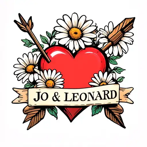 Heart With Arrow And Daisies And A Banner That Says Jo & Leonard
