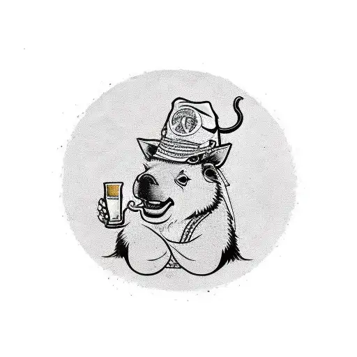 A Traditional Style Design Featuring A Capybara Sipping Beer From A Seashell On A Sunny Beach